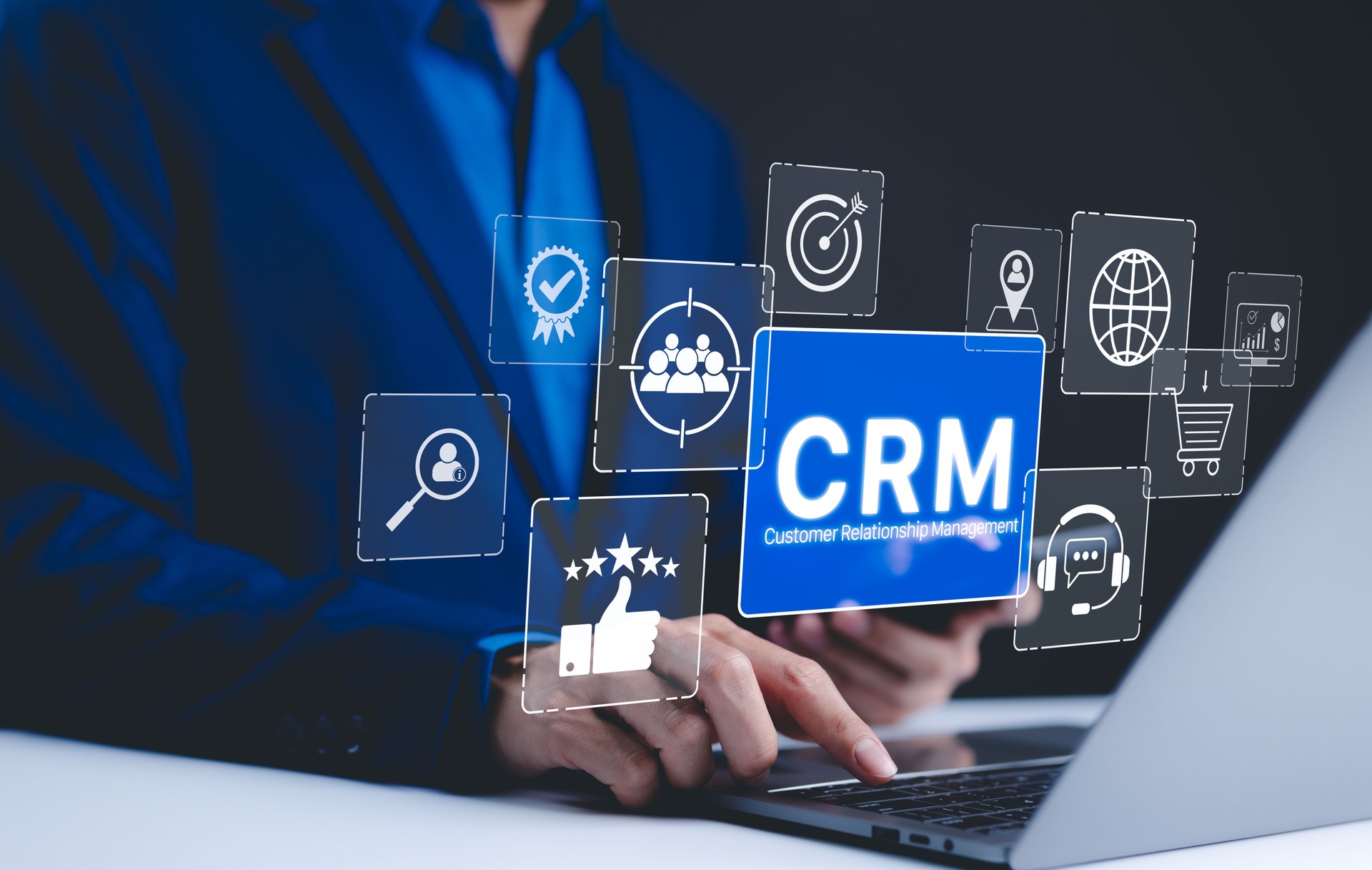 CRM Customer Relationship Management for business technology concept. Customer relationship management (CRM) software, featuring icons representing customer service, data analysis, global connectivity
