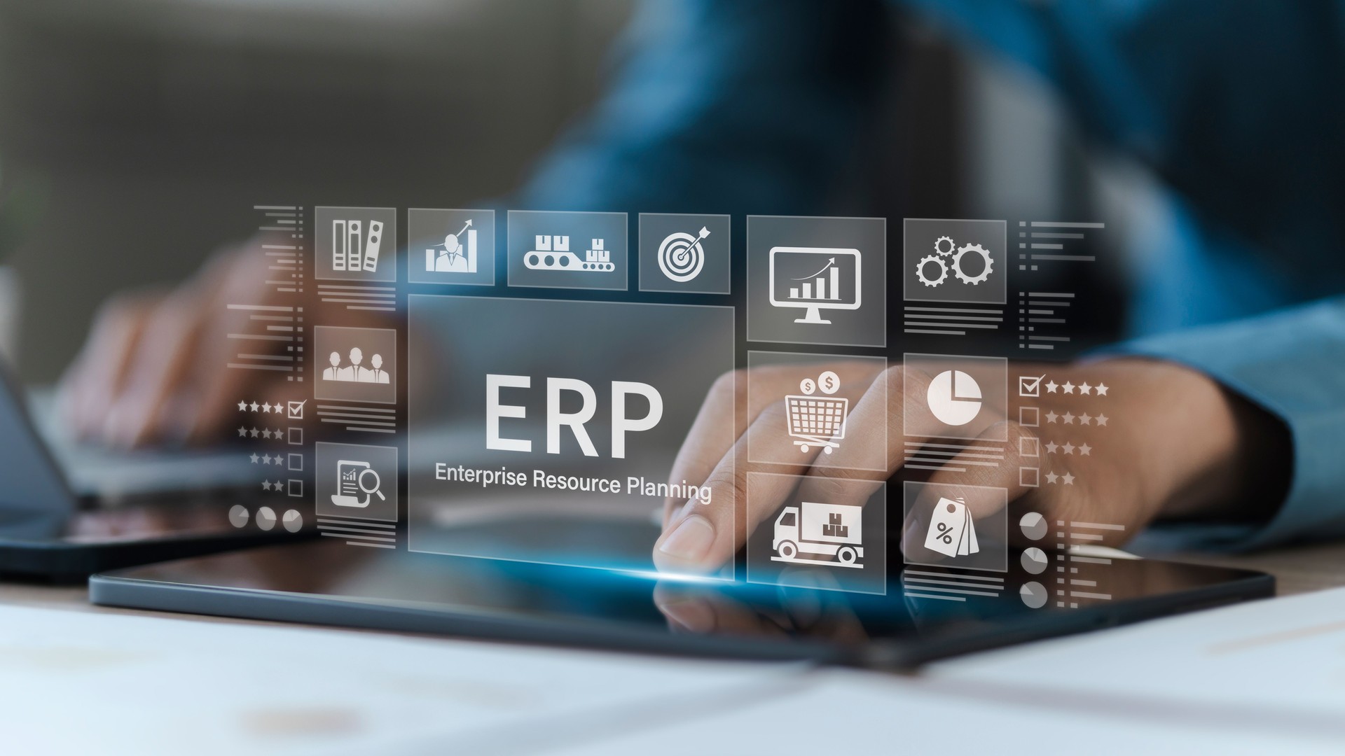 Enterprise resource planning concept. Businessman using tablet and laptop for business management planning and company improvement. Technology, Network, Enterprise resource planning.