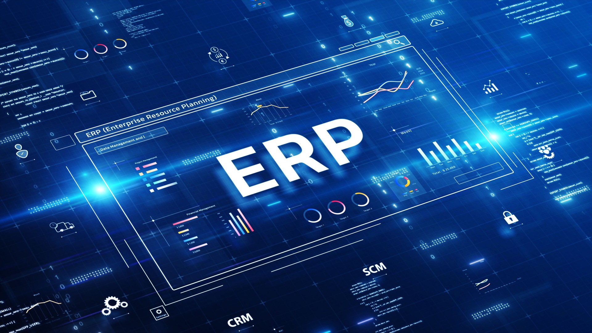 ERP Enterprise Resource Planning software technology concept for business organization management, Dataset analysis on dark blue background. Development of systems with abstract binary code.