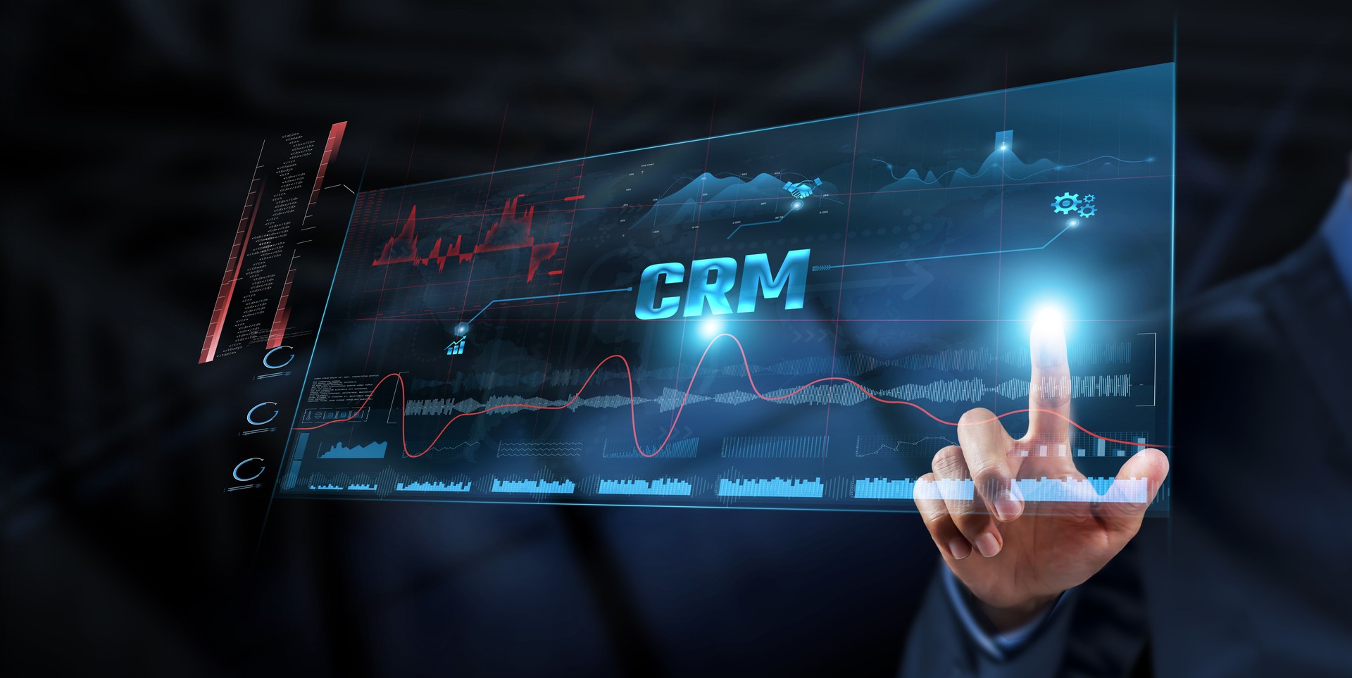 CRM (Customer Relationship Management): Businessman analyzing data strategy with graph on digital screen. Customer insights, sales forecasting, lead management, customer retention, personalization.