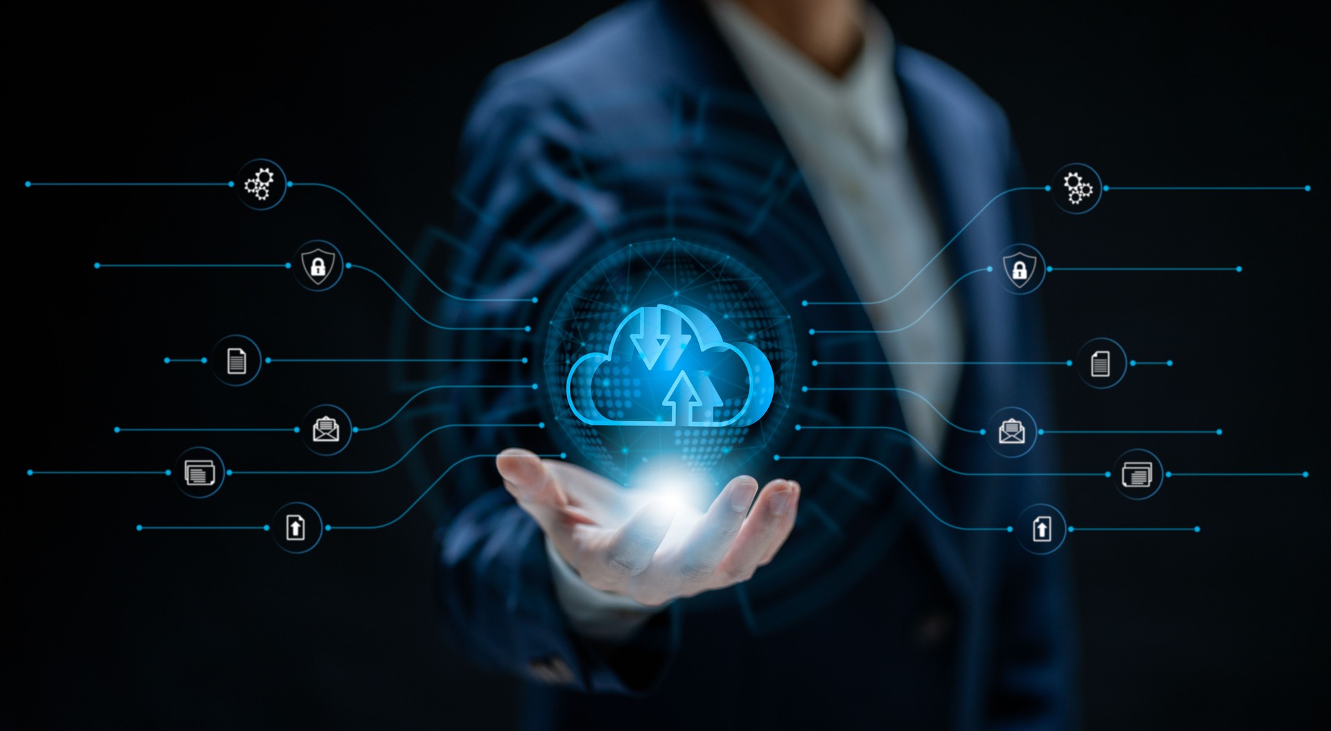 Businessman holding digital cloud computing network system. Concept of cloud technology, data transfer, storage security, smart digital services, and futuristic information connectivity.